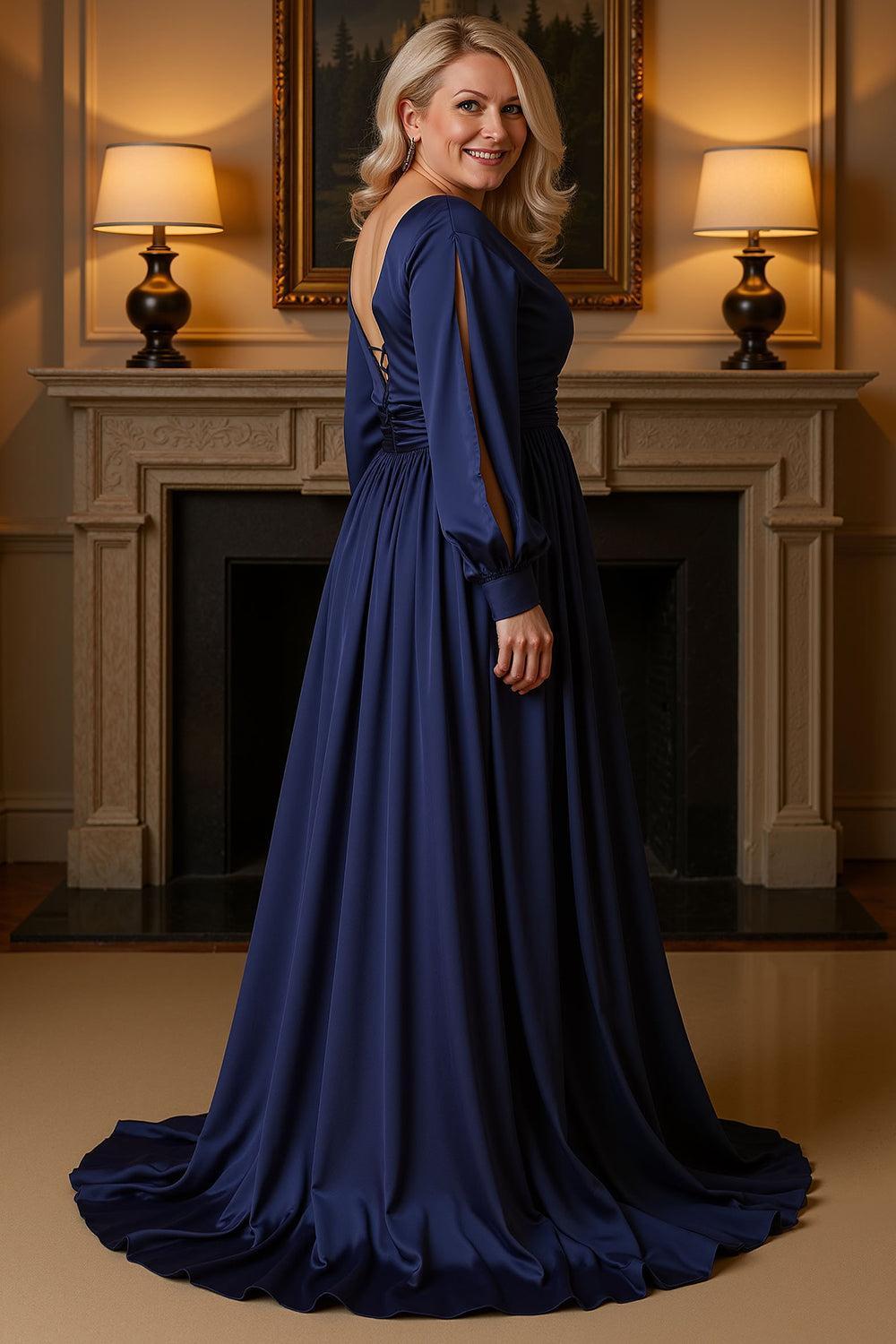 Dreamyannie V Neck Satin Black Floor Length Mother Of The Bride Dress With Slit