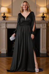 Dreamyannie V Neck Satin Black Floor Length Mother Of The Bride Dress With Slit