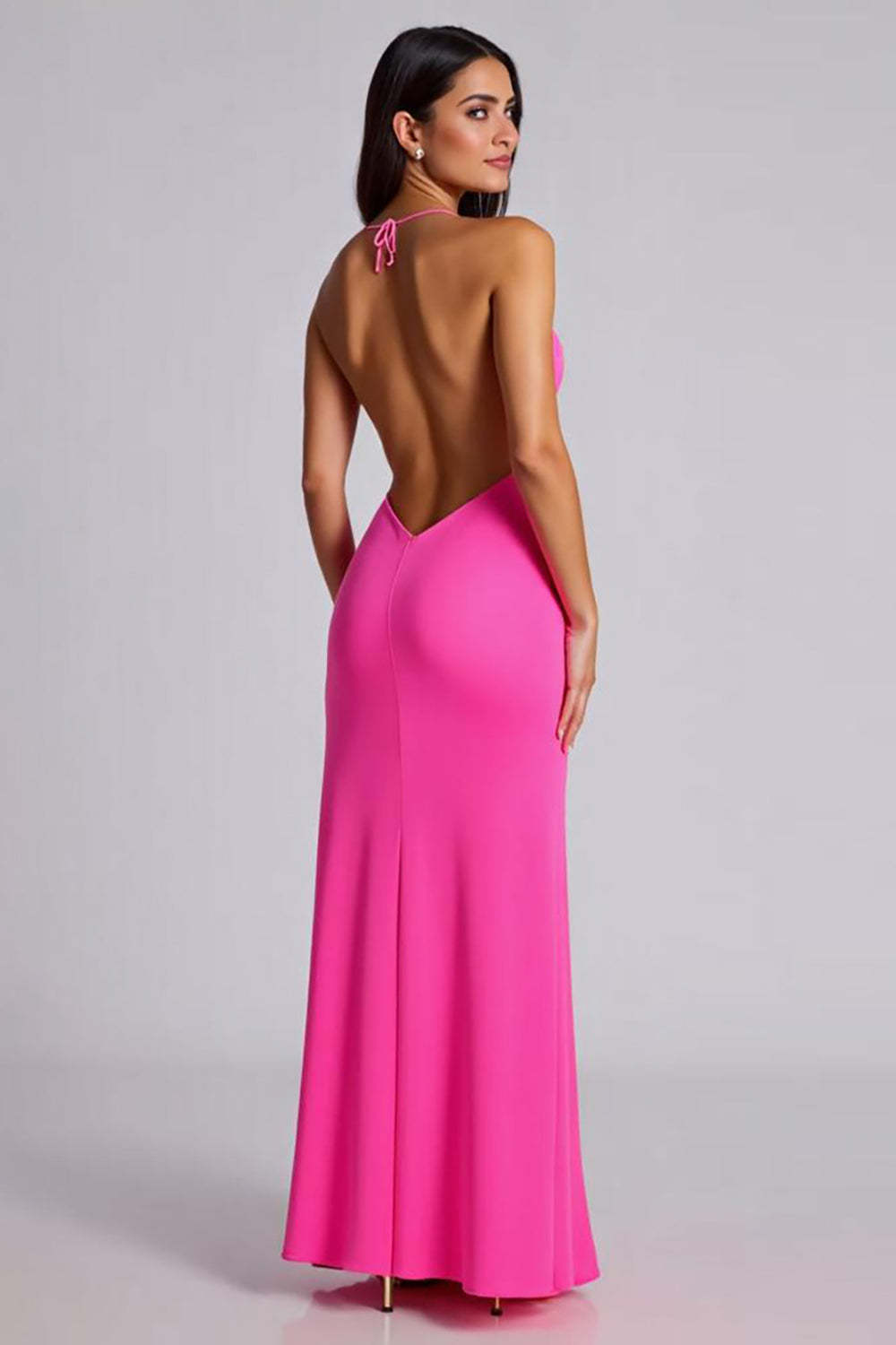 Dreamyannie V-Neck Satin Fuchsia Wedding Guest Dress Mermaid Long Formal Dress With Slit
