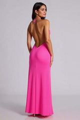 Dreamyannie V-Neck Satin Fuchsia Wedding Guest Dress Mermaid Long Formal Dress With Slit