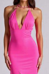 Dreamyannie V-Neck Satin Fuchsia Wedding Guest Dress Mermaid Long Formal Dress With Slit