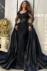 Dreamyannie Vintage Black Prom Dress Mermaid Sweetheart Sleeves Sequined Panel Train Satin Formal Dress