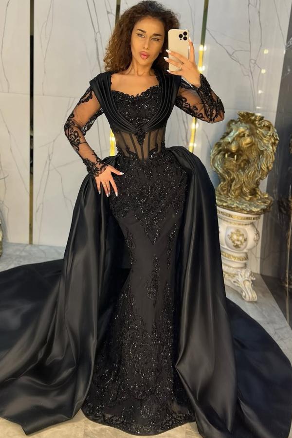 Dreamyannie Vintage Black Prom Dress Mermaid Sweetheart Sleeves Sequined Panel Train Satin Formal Dress