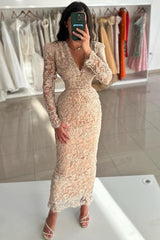 Dreamyannie Vintage Champagne Prom Dress Column V Neck Sleeves Beading Lace Ankle Length Formal Dress