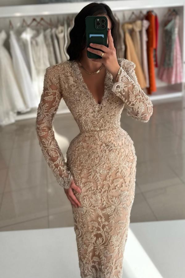 Dreamyannie Vintage Champagne Prom Dress Column V Neck Sleeves Beading Lace Ankle Length Formal Dress
