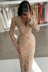 Dreamyannie Vintage Champagne Prom Dress Column V Neck Sleeves Beading Lace Ankle Length Formal Dress