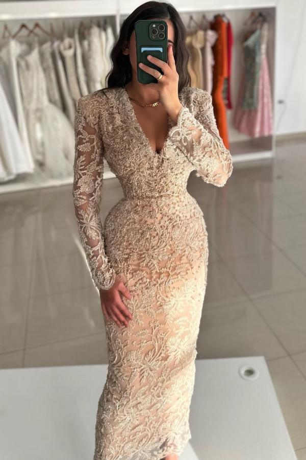 Dreamyannie Vintage Champagne Prom Dress Column V Neck Sleeves Beading Lace Ankle Length Formal Dress