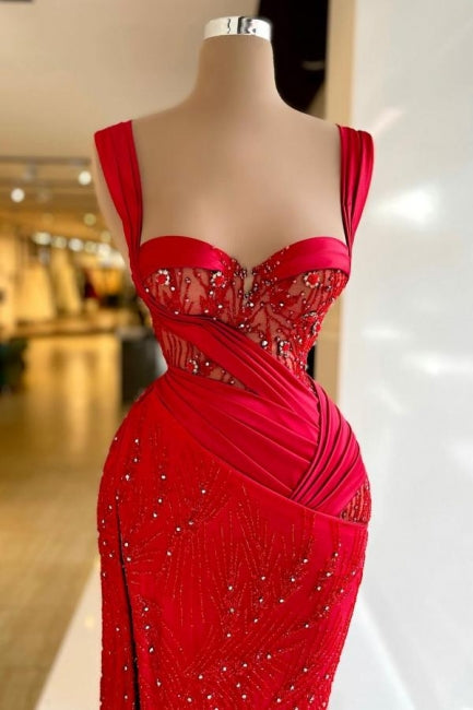 Dreamyannie Vintage Column Prom Dress Satin Sweetheart Sleeveless Red Formal Dress With Split