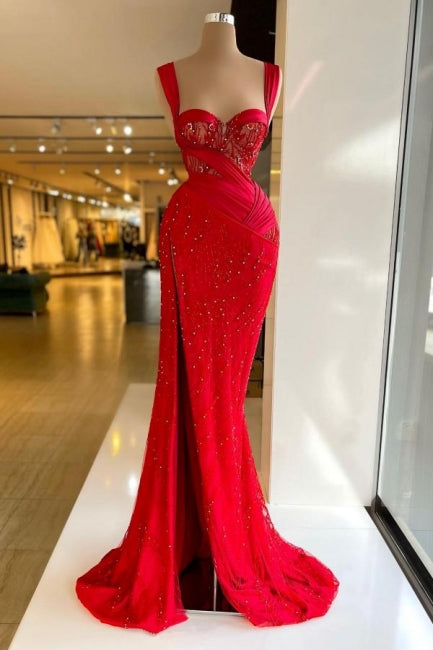 Dreamyannie Vintage Column Prom Dress Satin Sweetheart Sleeveless Red Formal Dress With Split