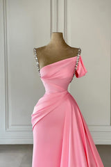 Dreamyannie Vintage Column Satin Off The Shoulder Sleeveless Pink Prom Dress Evening Dress With Rhinestone