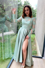 Dreamyannie Vintage Light Green Prom Dress High Neck A Line Sleeves Floor Length Slit Satin Formal Dress