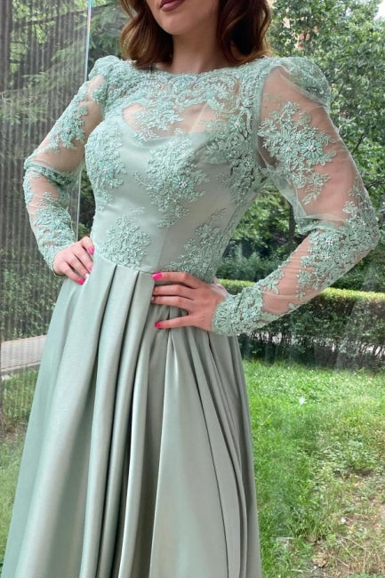 Dreamyannie Vintage Light Green Prom Dress High Neck A Line Sleeves Floor Length Slit Satin Formal Dress