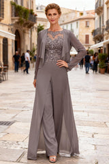 Dreamyannie Vintage Mauve Chiffon Bateau Neck 2 Piece Mother Of The Bride Jumpsuits With Jacket