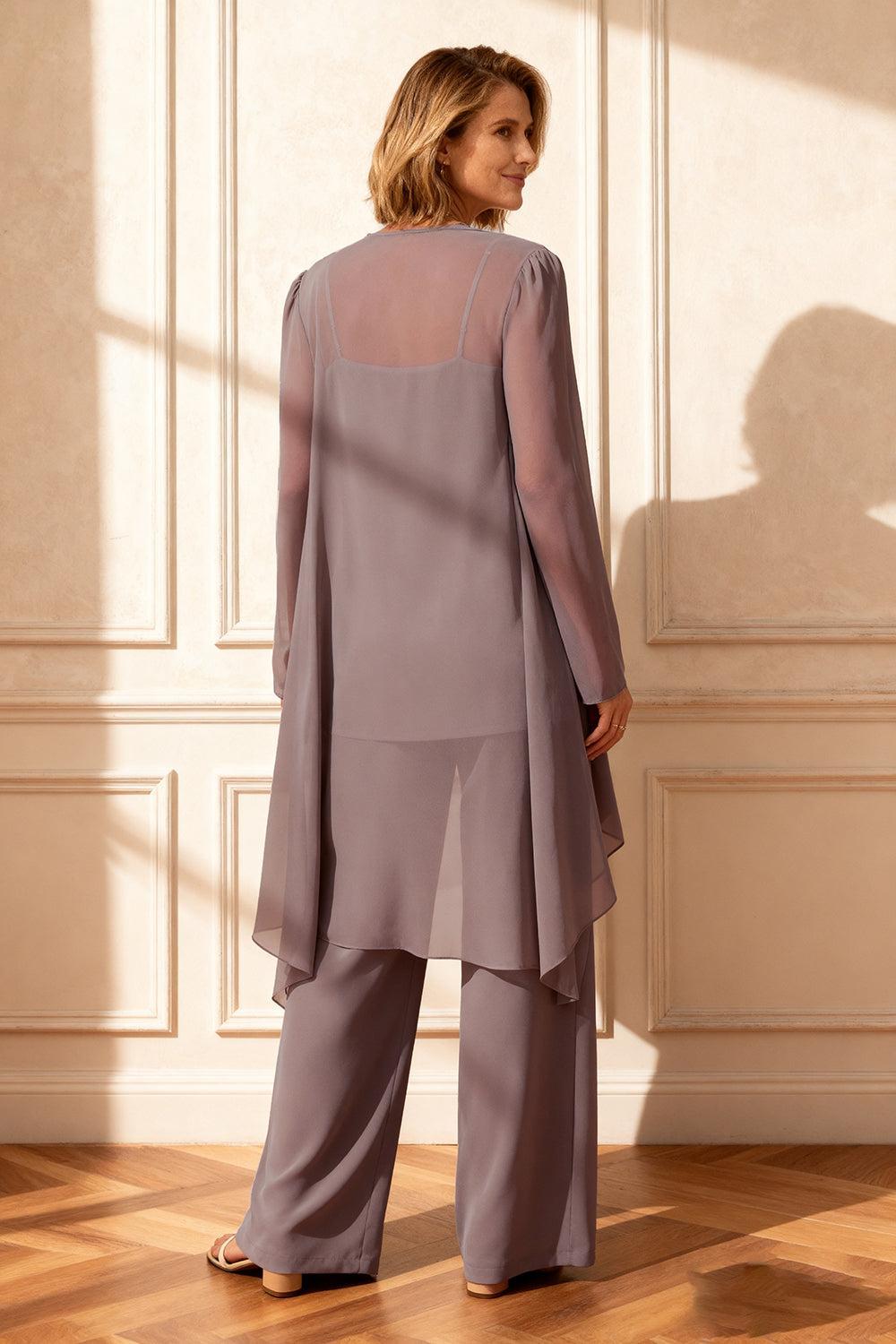 Dreamyannie Vintage Mauve Round Neck Chiffon 3 Piece Mother Of The Bride Pant Suits With Jacket