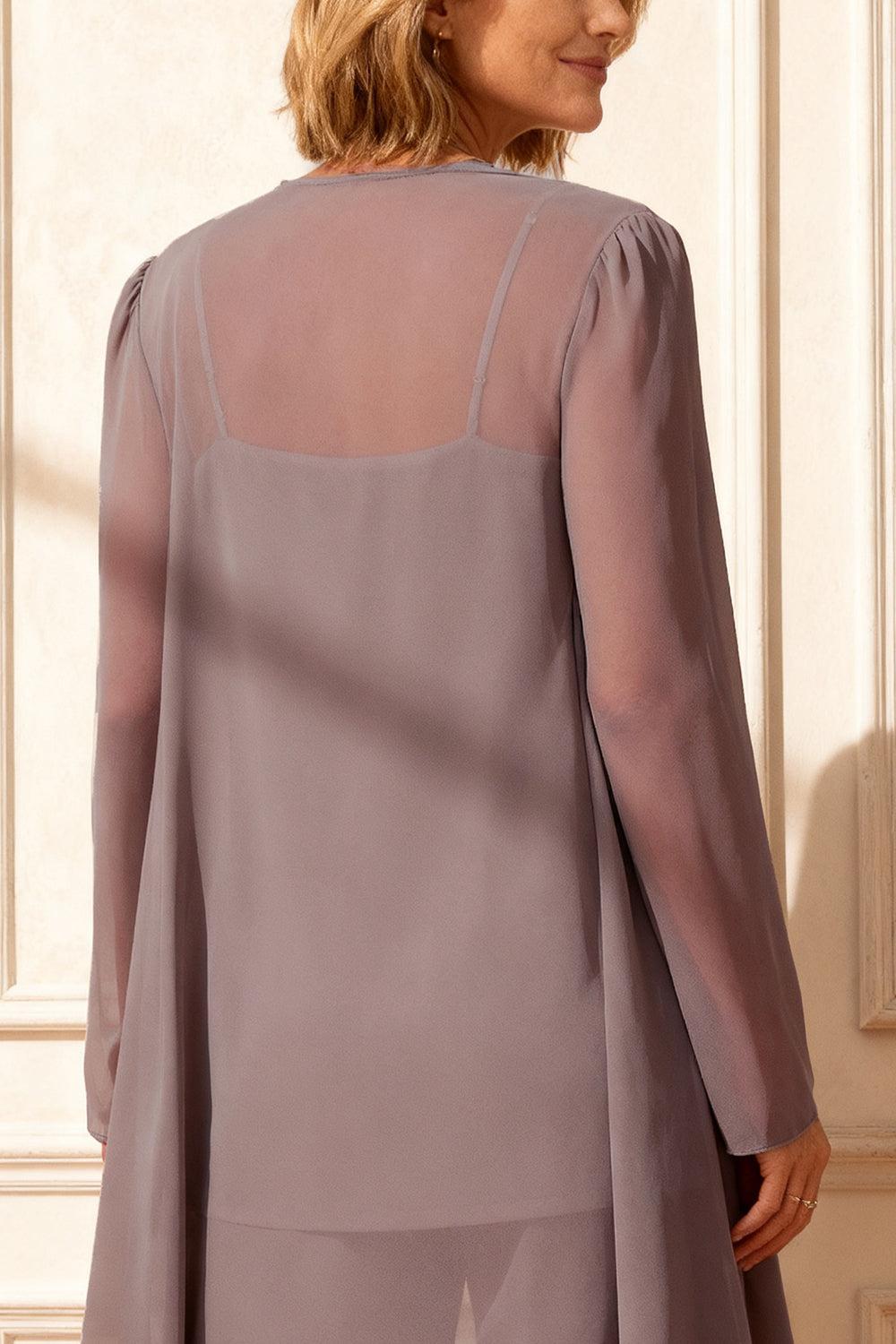 Dreamyannie Vintage Mauve Round Neck Chiffon 3 Piece Mother Of The Bride Pant Suits With Jacket