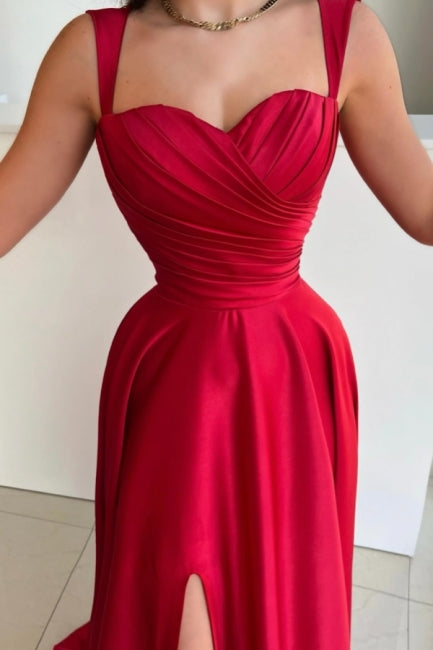 Dreamyannie Vintage Red Prom Dress A Line Satin Pleated Sleeveless Evening Dress With Slit