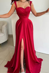 Dreamyannie Vintage Red Prom Dress A Line Satin Pleated Sleeveless Evening Dress With Slit