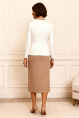 Dreamyannie White 2 Piece Pencil Tea Length Mother Of The Bride Dress With 3D Flower