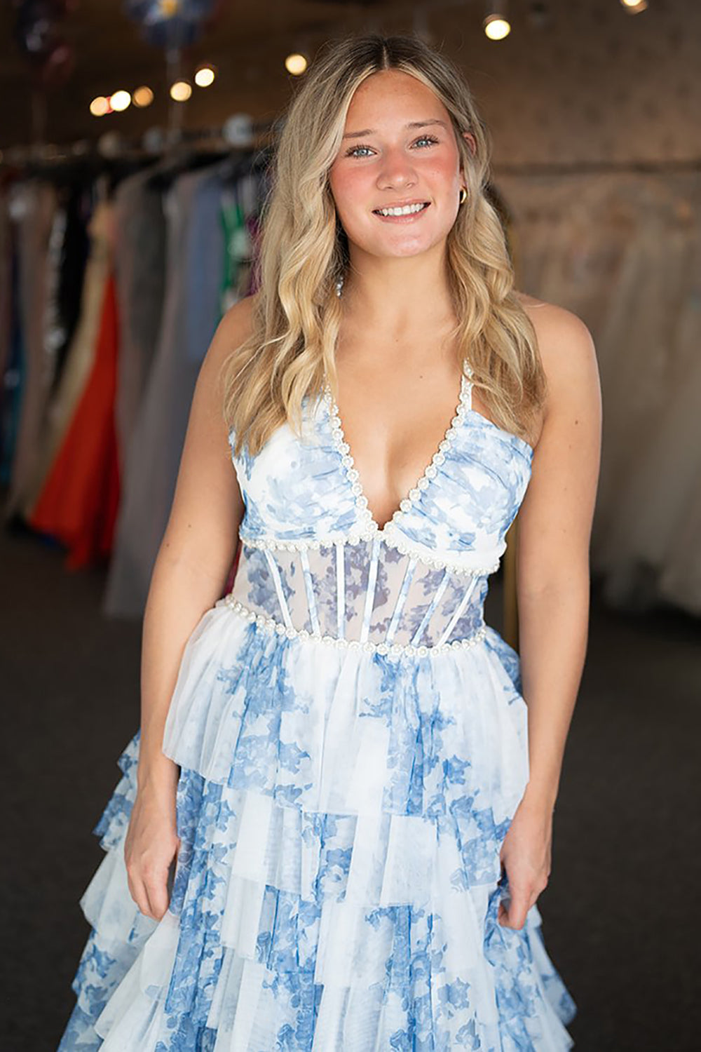 Dreamyannie White Blue Prom Dress A Line Corset Ruffled Floral Long Formal Dress