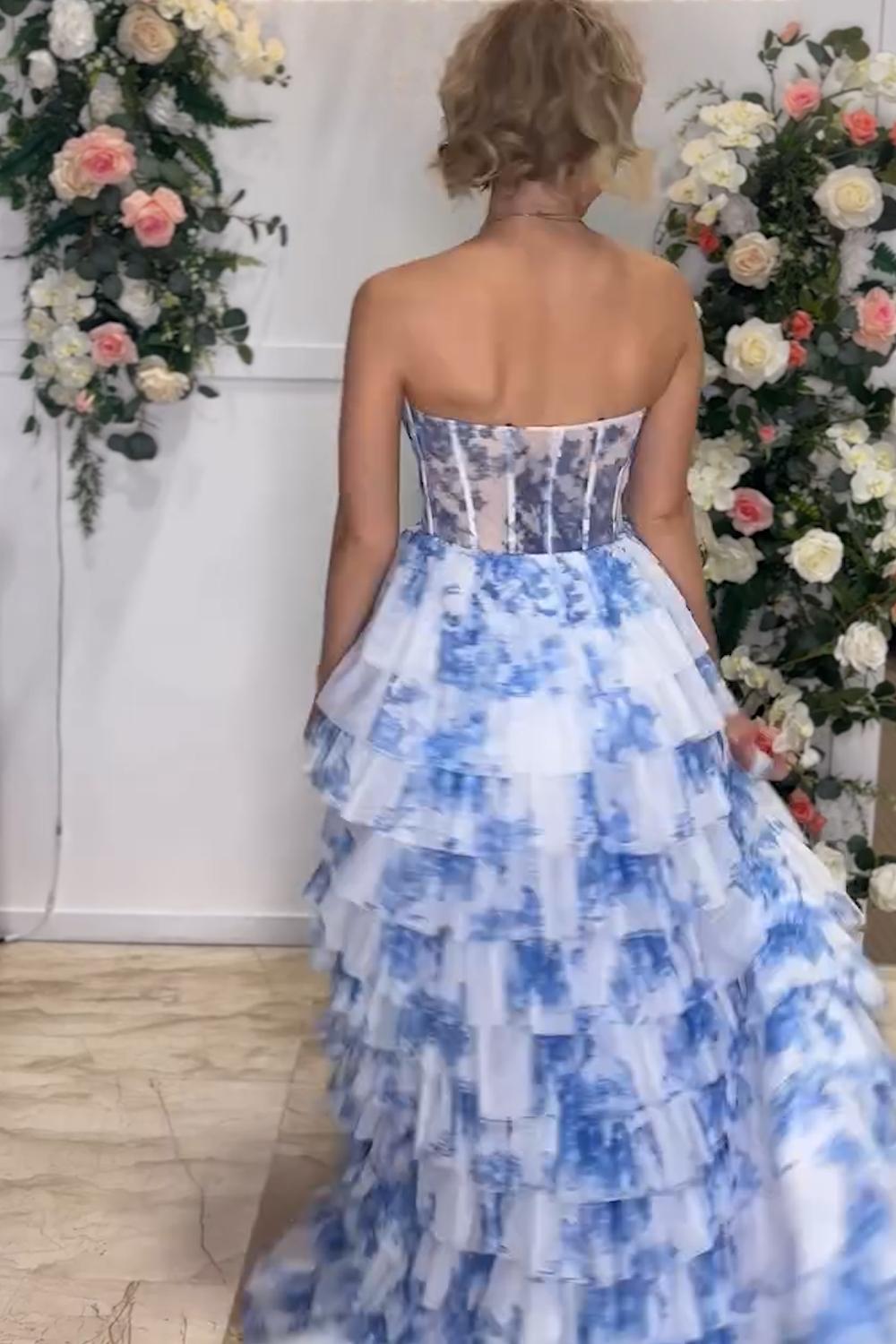 Dreamyannie White Blue Prom Dress Flower Sweetheart Tiered A-Line Long Evening Dress