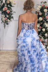 Dreamyannie White Blue Prom Dress Flower Sweetheart Tiered A-Line Long Evening Dress