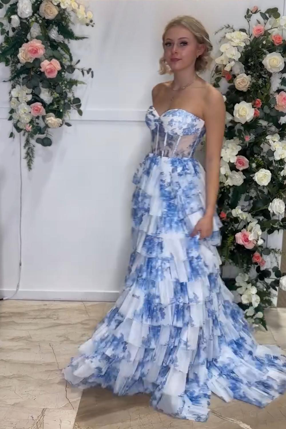 Dreamyannie White Blue Prom Dress Flower Sweetheart Tiered A-Line Long Evening Dress