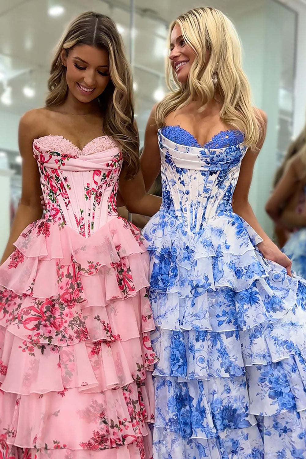 Dreamyannie White Blue Prom Dress Flower Tiered Sweetheart Corset Long Evening Dress