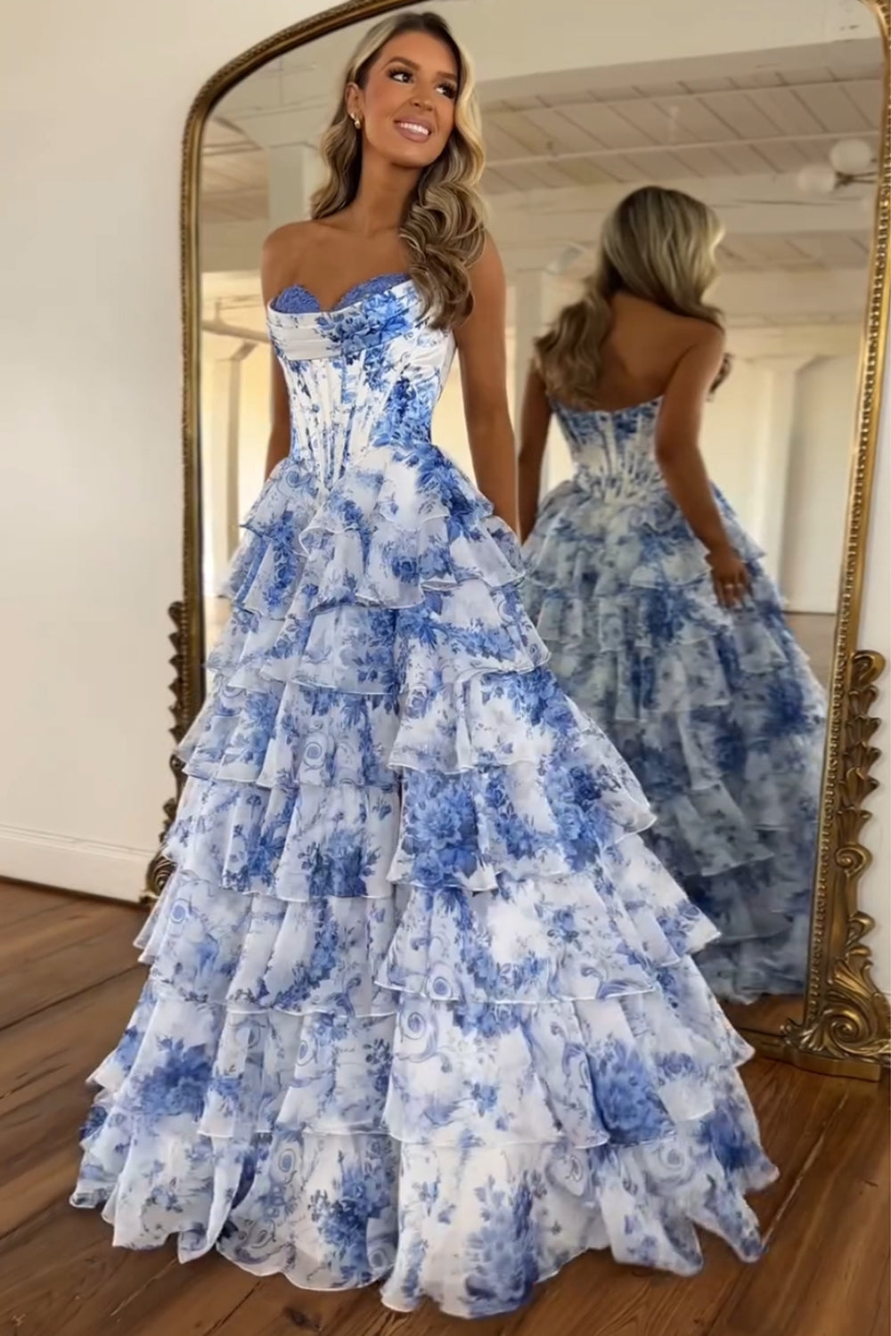 Dreamyannie White Blue Prom Dress Flower Tiered Sweetheart Corset Long Evening Dress