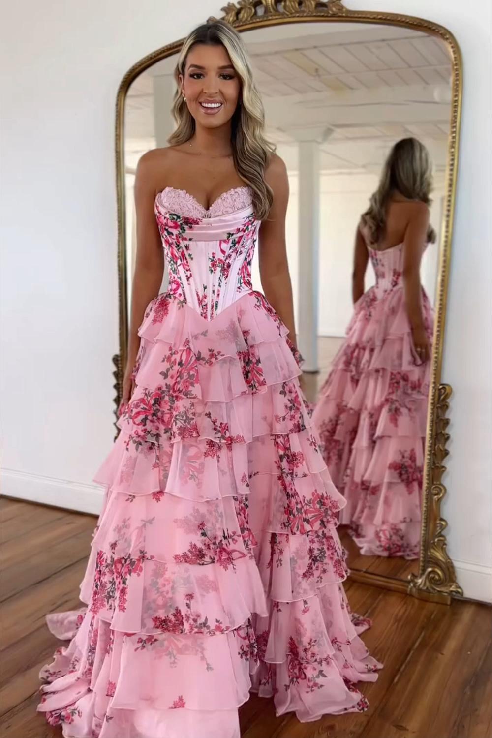 Dreamyannie White Blue Prom Dress Flower Tiered Sweetheart Corset Long Evening Dress