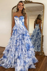 Dreamyannie White Blue Prom Dress Flower Tiered Sweetheart Corset Long Evening Dress