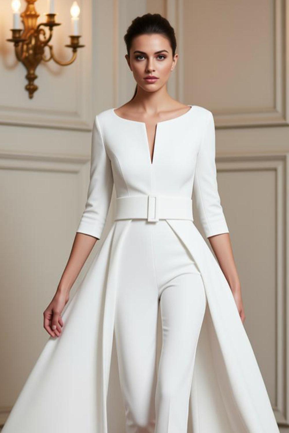 Dreamyannie White Boat Neck Floor Length Mother Of The Bride Jumpsuits With Cape