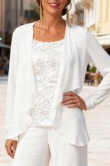 Dreamyannie White Chiffon Round Neck 3 Piece Mother Of The Bride Pant Suits With Jacket