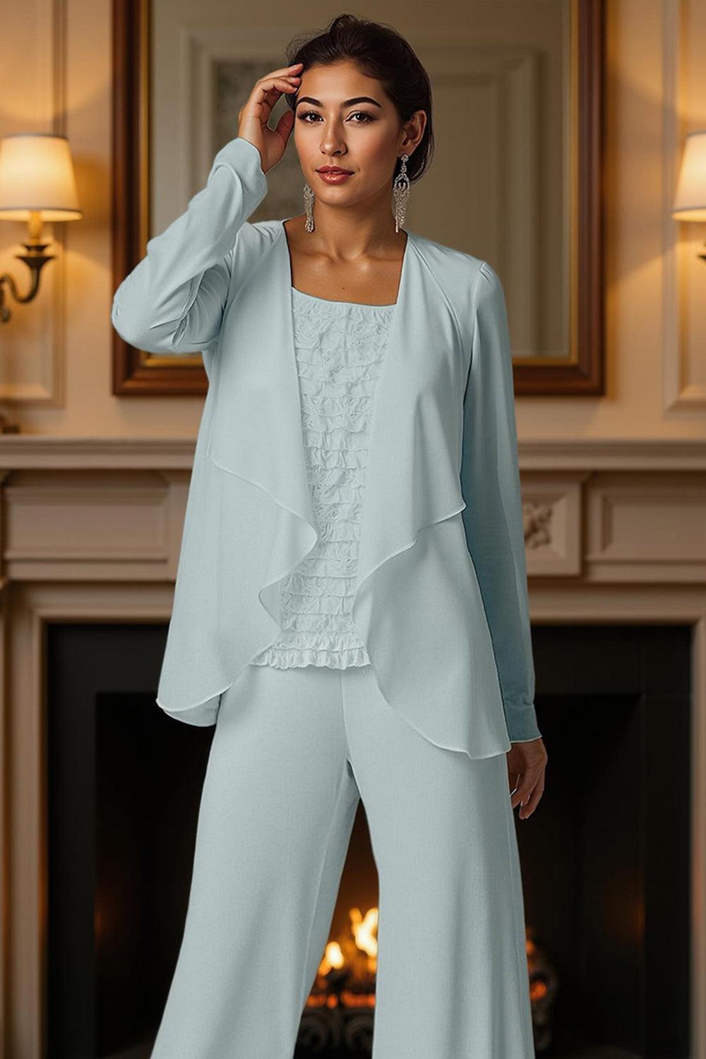 Dreamyannie White Chiffon Square Neck 3 Piece Mother Of The Bride Pant Suits With Jacket