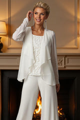 Dreamyannie White Chiffon Square Neck 3 Piece Mother Of The Bride Pant Suits With Jacket