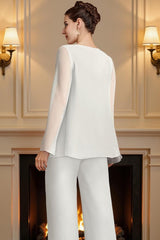 Dreamyannie White Chiffon Square Neck 3 Piece Mother Of The Bride Pant Suits With Jacket