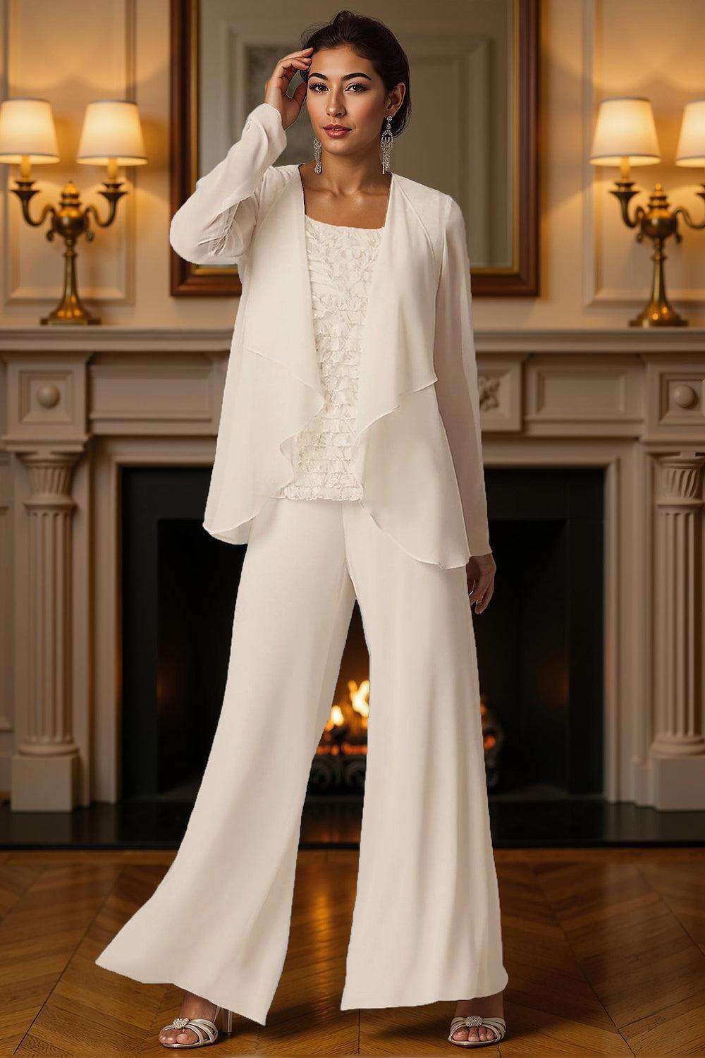 Dreamyannie White Chiffon Square Neck 3 Piece Mother Of The Bride Pant Suits With Jacket