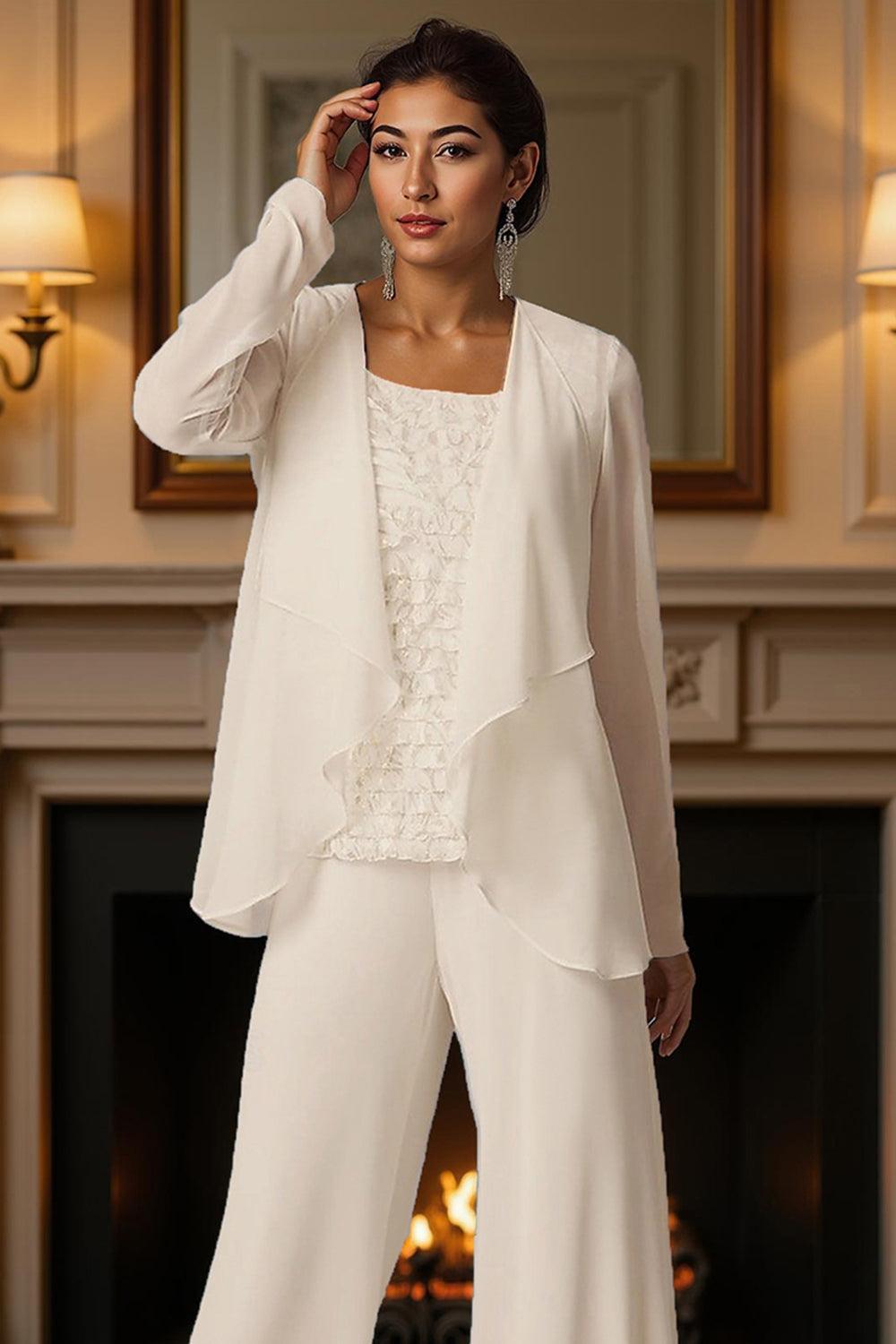 Dreamyannie White Chiffon Square Neck 3 Piece Mother Of The Bride Pant Suits With Jacket