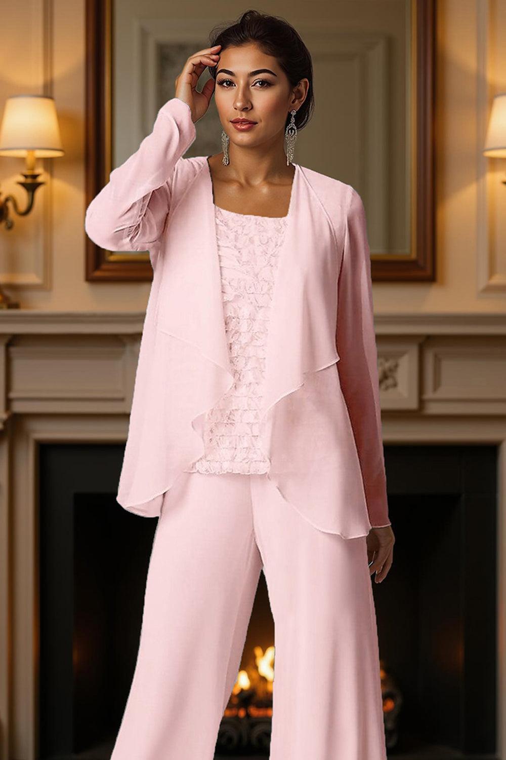 Dreamyannie White Chiffon Square Neck 3 Piece Mother Of The Bride Pant Suits With Jacket