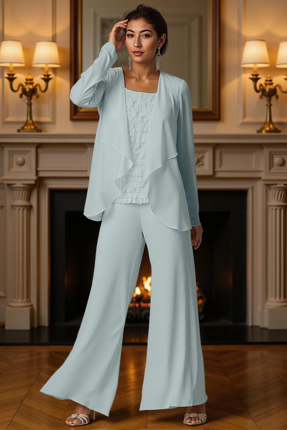 Dreamyannie White Chiffon Square Neck 3 Piece Mother Of The Bride Pant Suits With Jacket