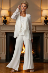 Dreamyannie White Chiffon Square Neck 3 Piece Mother Of The Bride Pant Suits With Jacket