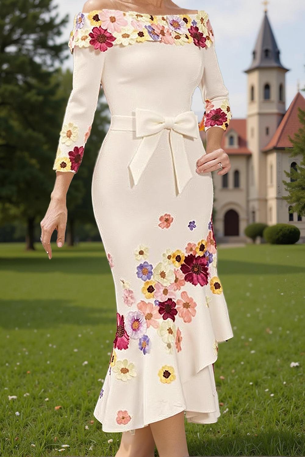 Dreamyannie White Flower Off The Shoulder Tea Length Mother Of The Bride Dress With Bow