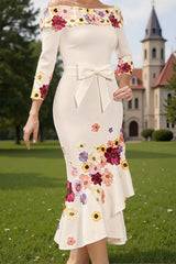 Dreamyannie White Flower Off The Shoulder Tea Length Mother Of The Bride Dress With Bow