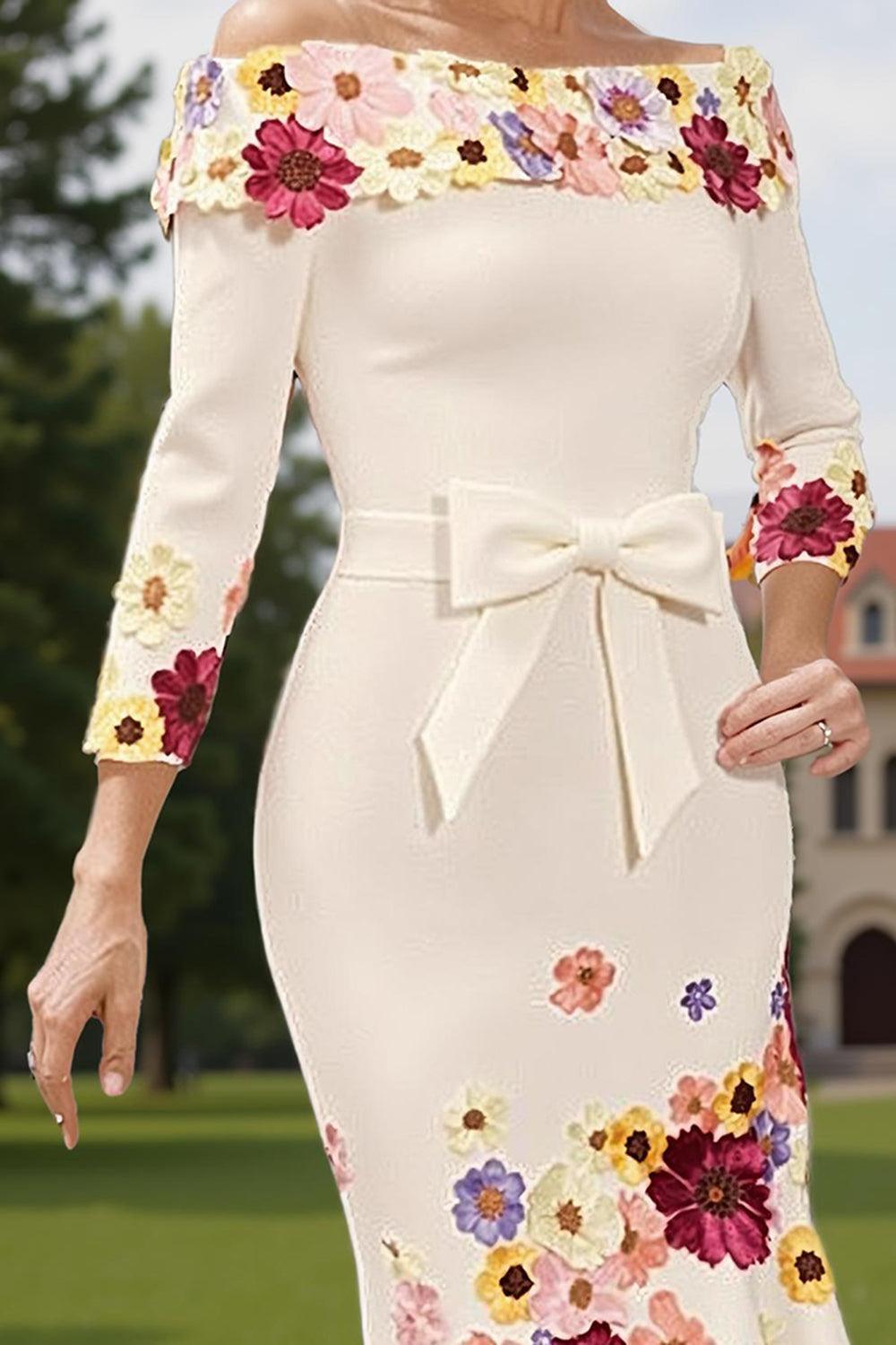 Dreamyannie White Flower Off The Shoulder Tea Length Mother Of The Bride Dress With Bow