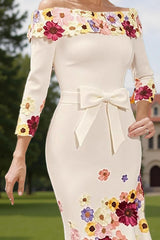 Dreamyannie White Flower Off The Shoulder Tea Length Mother Of The Bride Dress With Bow