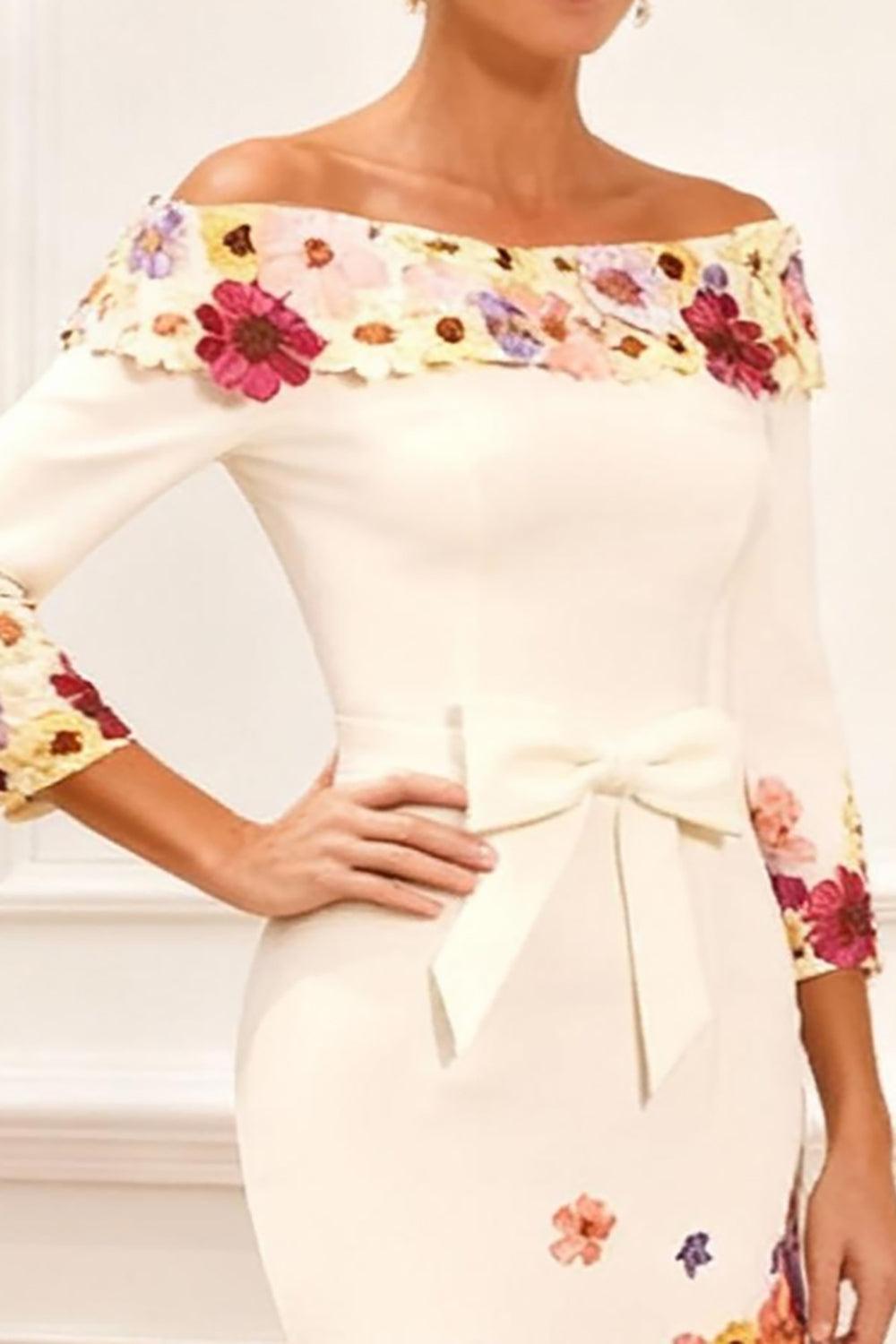 Dreamyannie White Flower Off The Shoulder Tea Length Mother Of The Bride Dress With Bow