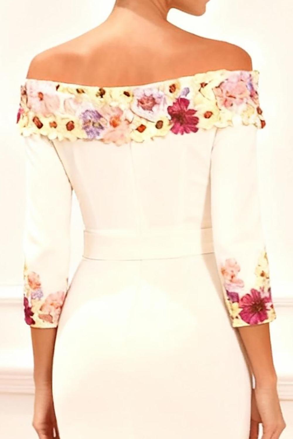 Dreamyannie White Flower Off The Shoulder Tea Length Mother Of The Bride Dress With Bow