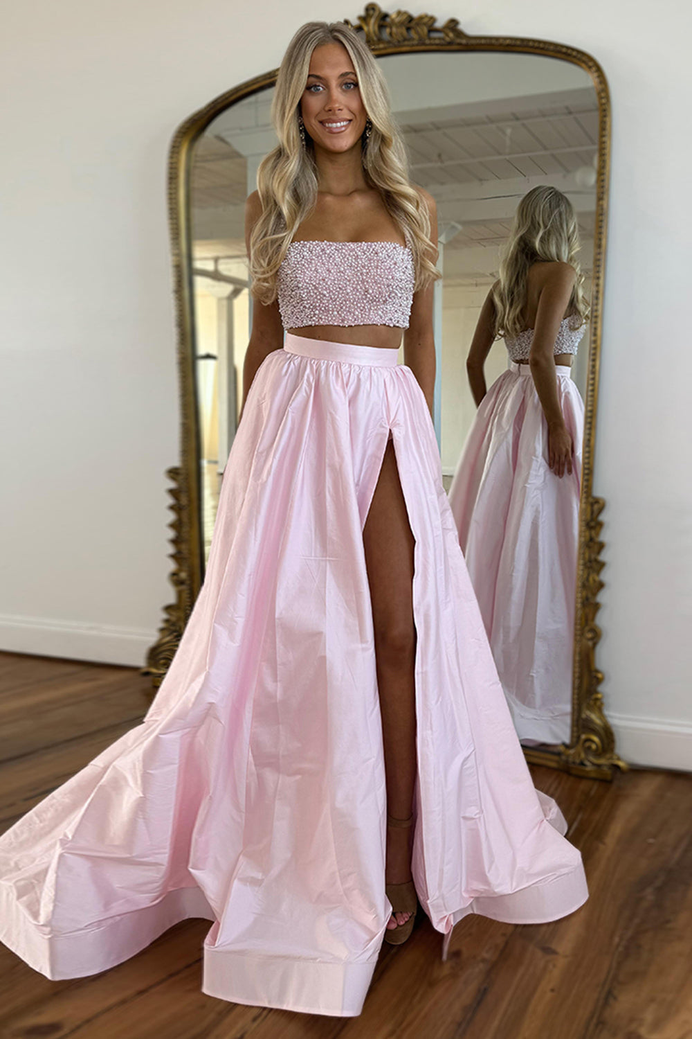 Dreamyannie White Prom Dress 2 Piece Beaded Satin Long Formal Dress With Slit