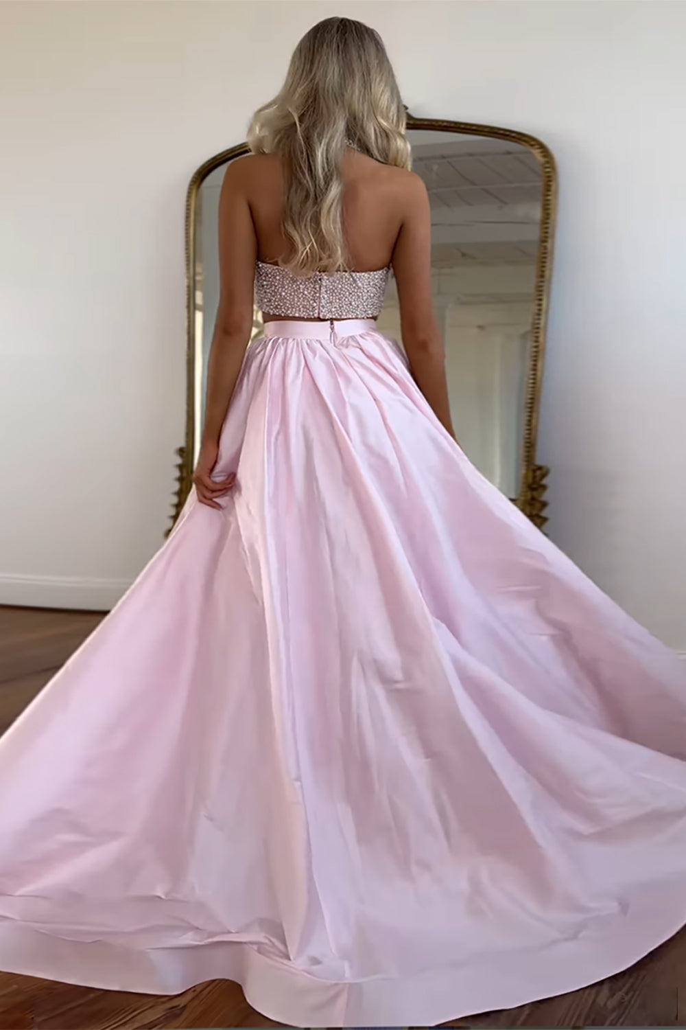 Dreamyannie White Prom Dress 2 Piece Beaded Satin Long Formal Dress With Slit