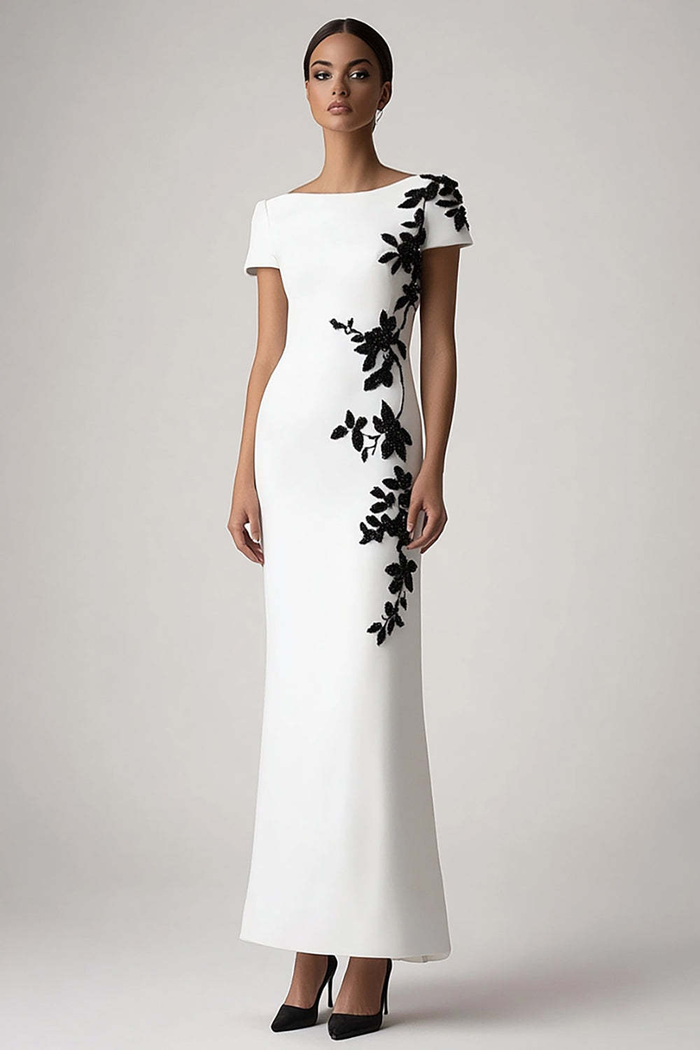 Dreamyannie White Sheath Appliqued Long Formal Dress With Short Sleeves