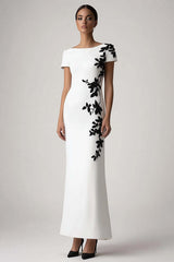 Dreamyannie White Sheath Appliqued Long Formal Dress With Short Sleeves